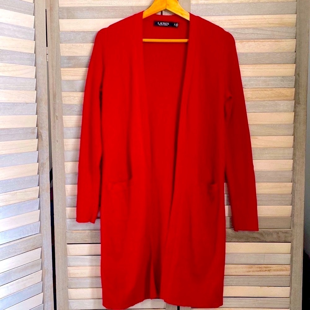 Ralph Lauren red ribbed pocket duster cardigan